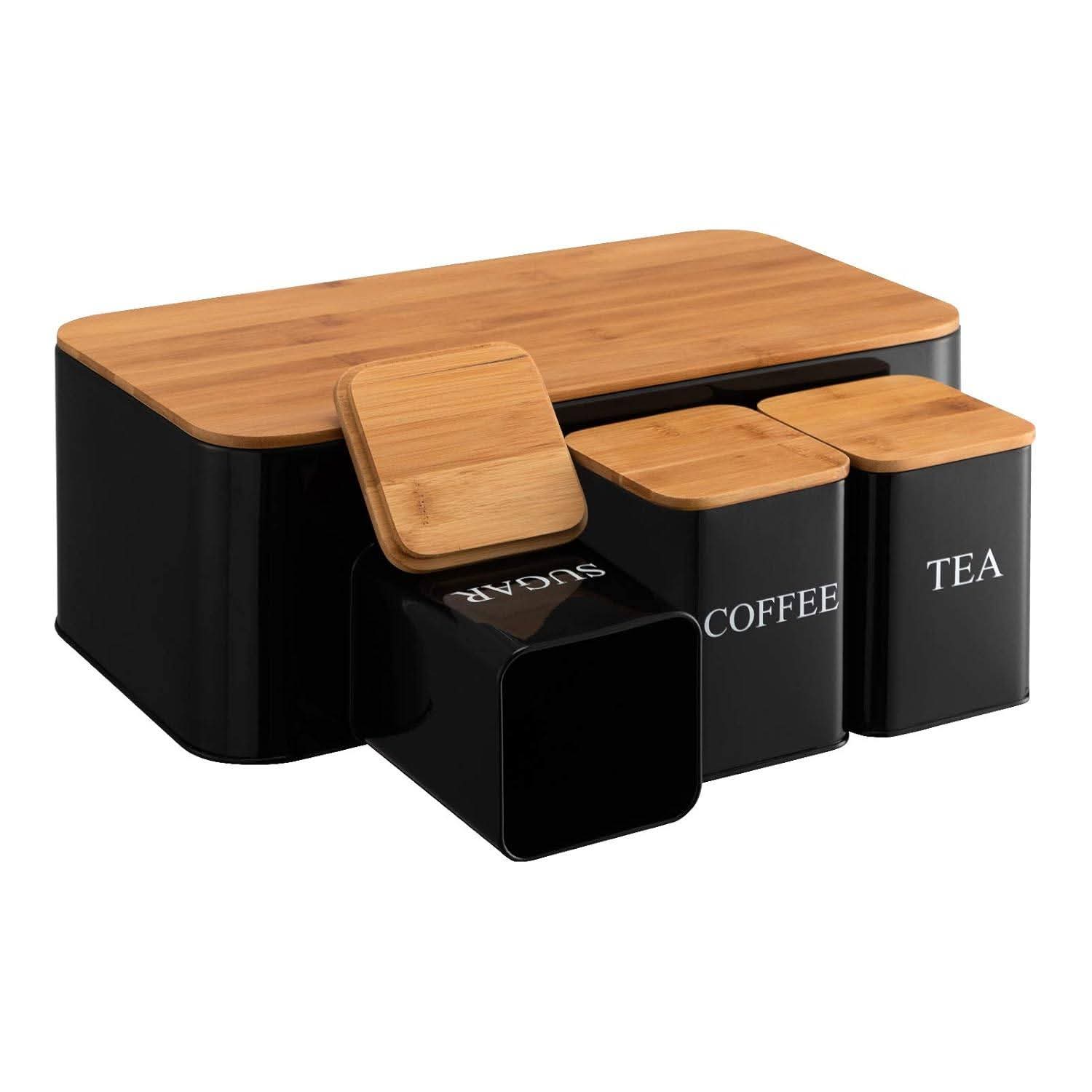 Large Metal Bread Box and 3-Piece Coffee Sugar Tea Canister Set (Black) - Image 2
