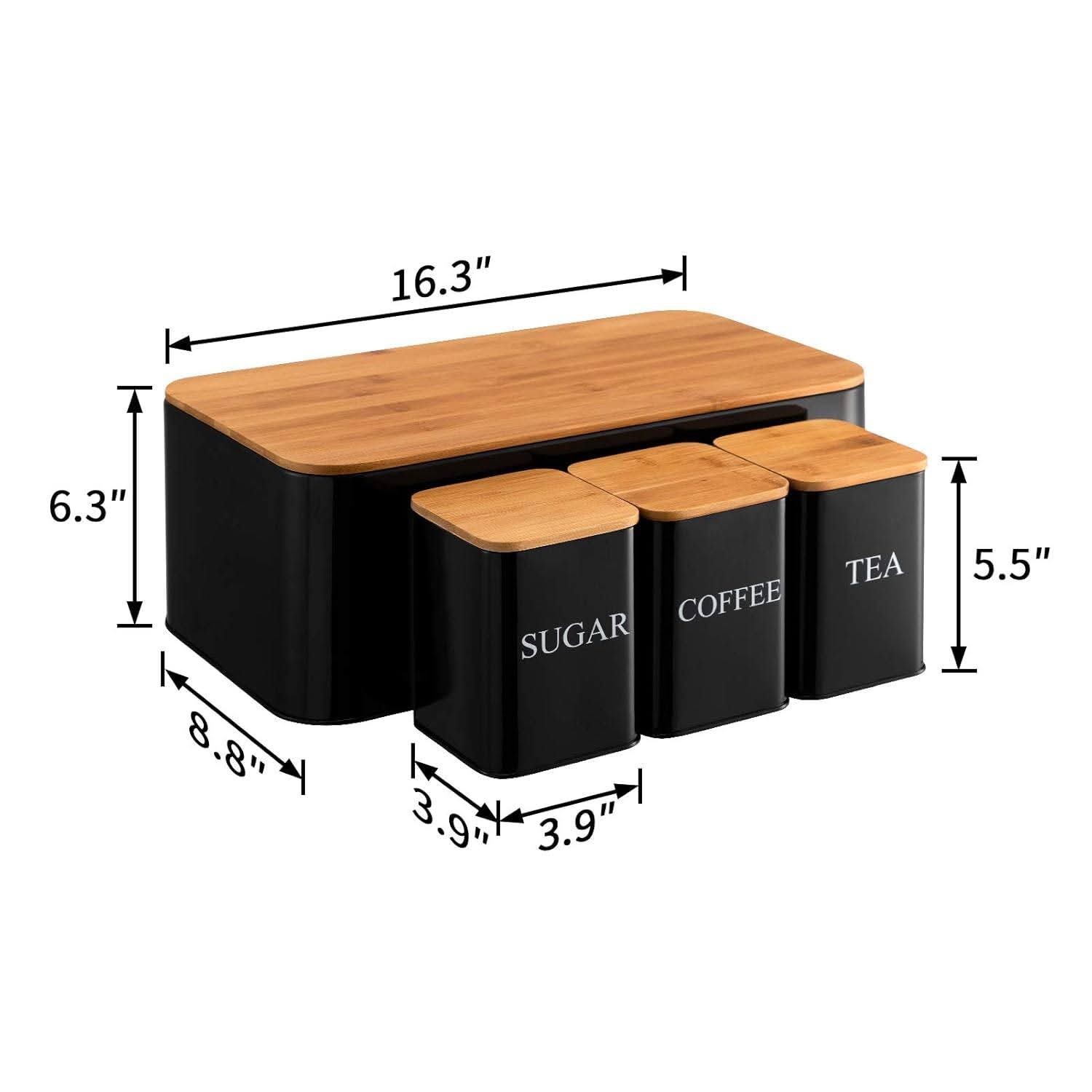 Large Metal Bread Box and 3-Piece Coffee Sugar Tea Canister Set (Black) - Image 8