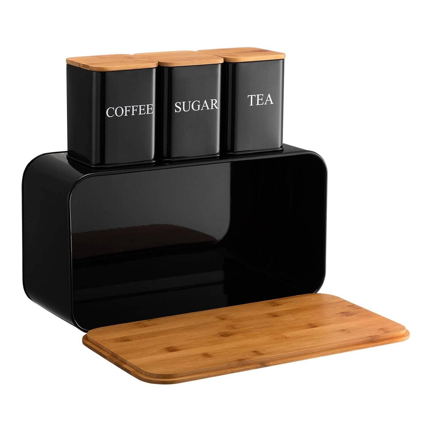 Large Metal Bread Box and 3-Piece Coffee Sugar Tea Canister Set (Black) - Image 5