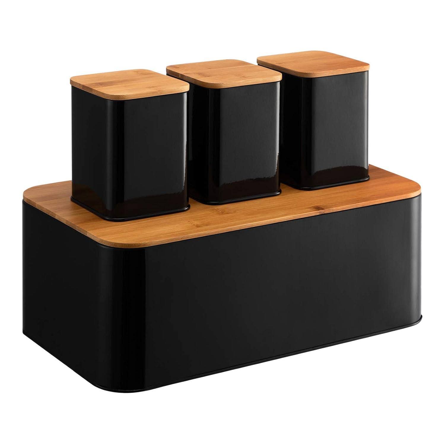 Large Metal Bread Box and 3-Piece Coffee Sugar Tea Canister Set (Black) - Image 4