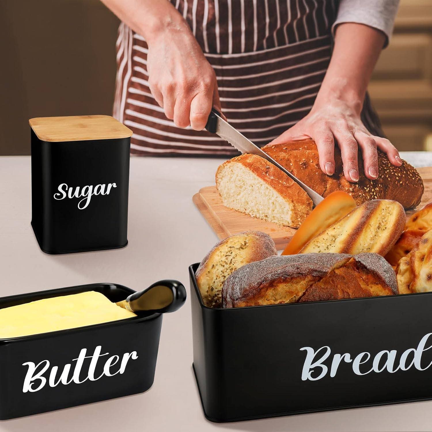 Large Metal Bread Box and 3-Piece Coffee Sugar Tea Canister Set (Black) - Image 7