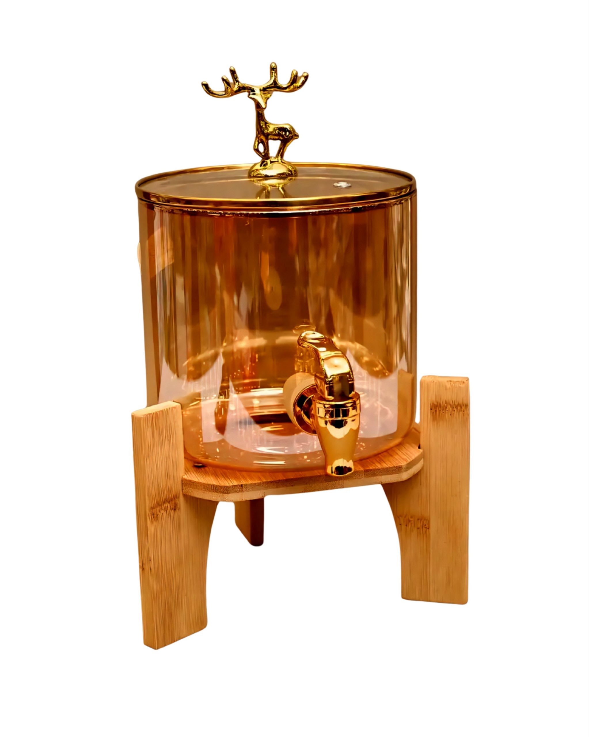 Golden Deer Lid Glass Drink Dispenser with Wooden Stand (3.5 Liters)