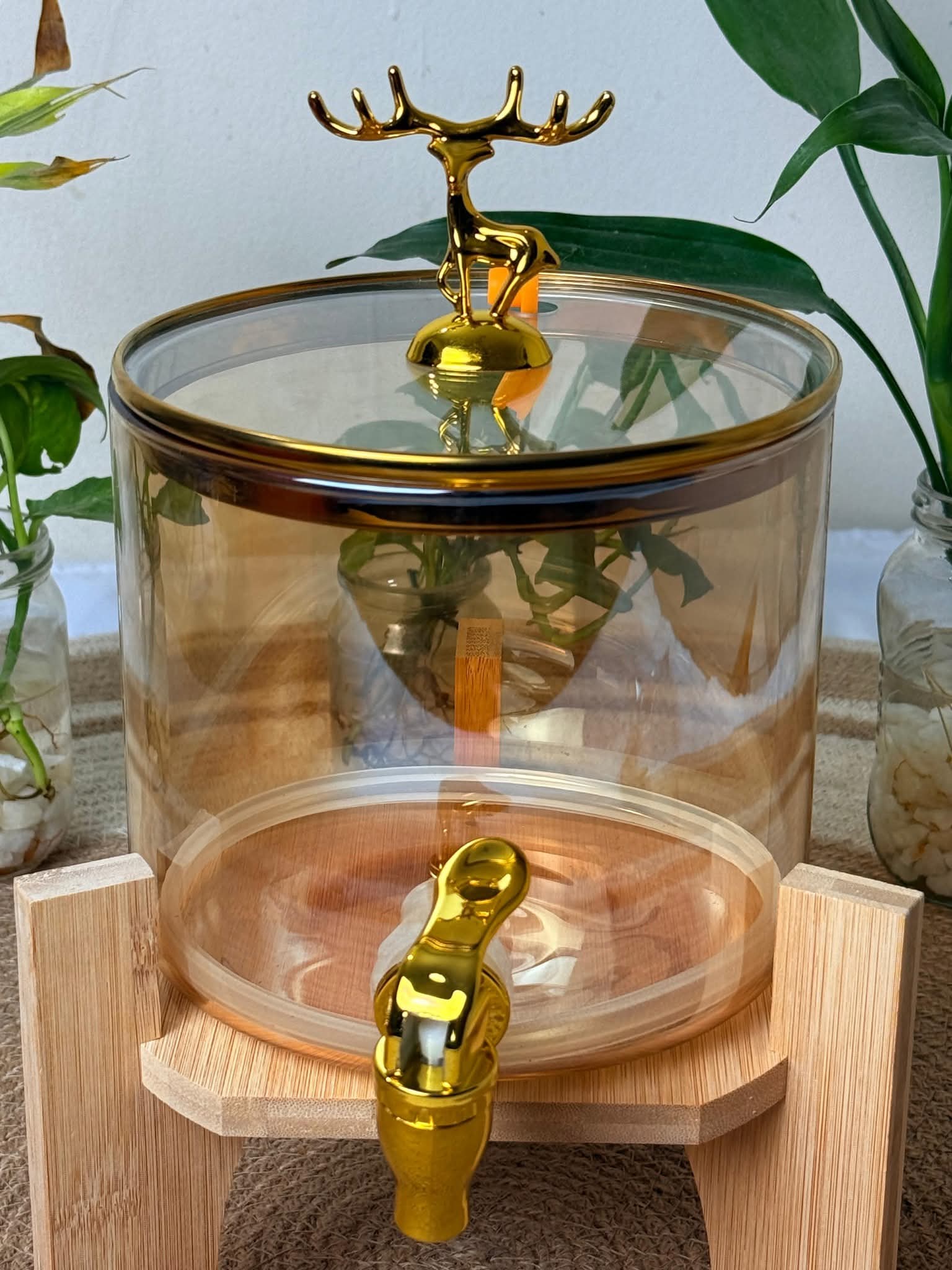 Golden Deer Lid Glass Drink Dispenser with Wooden Stand (3.5 Liters)