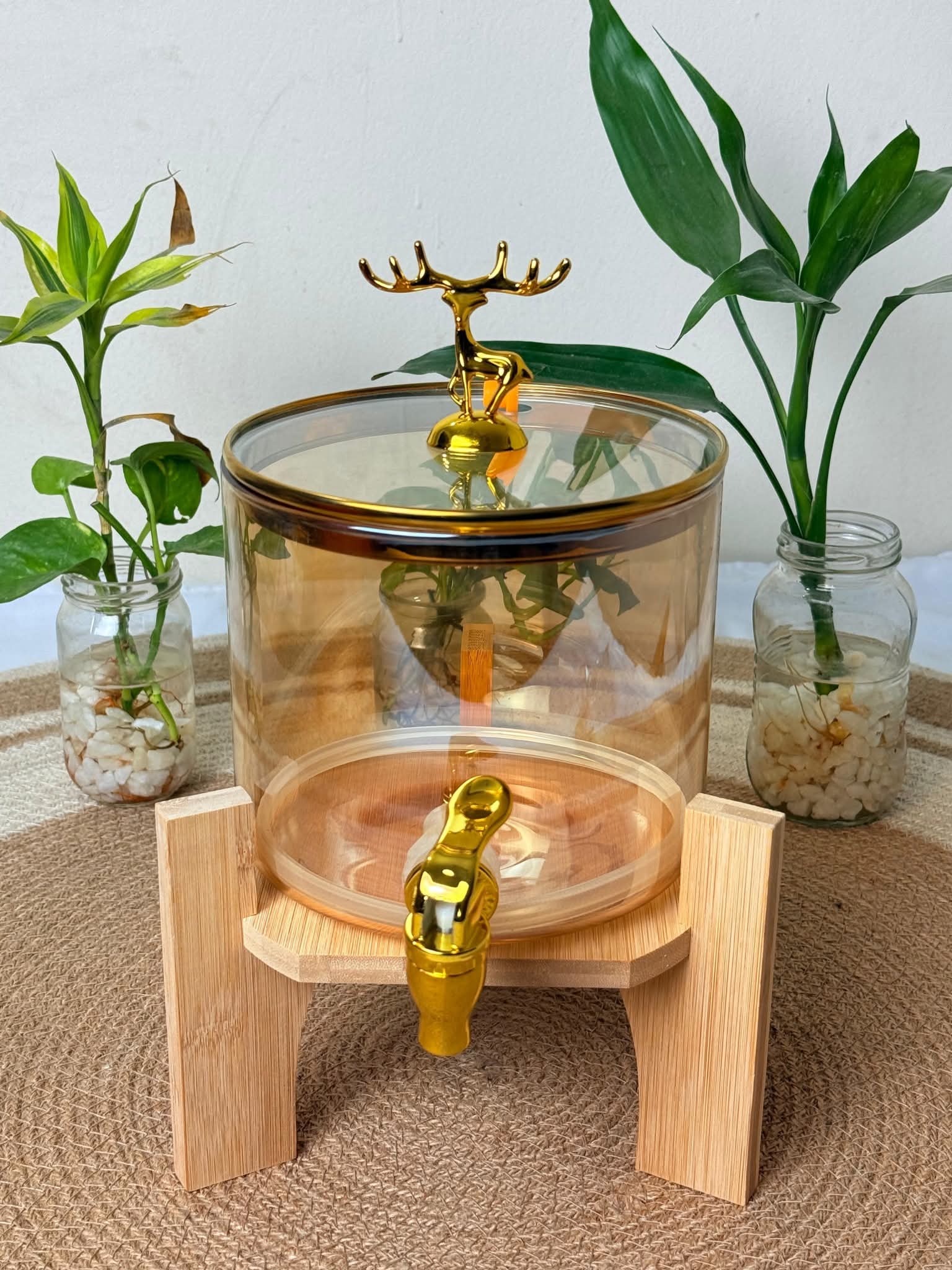 Golden Deer Lid Glass Drink Dispenser with Wooden Stand (3.5 Liters)