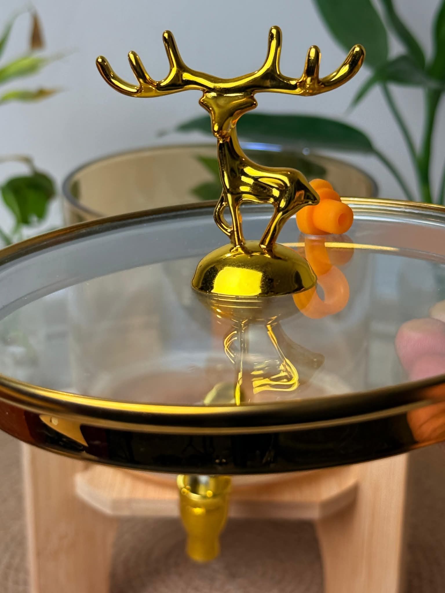 Golden Deer Lid Glass Drink Dispenser with Wooden Stand (3.5 Liters)