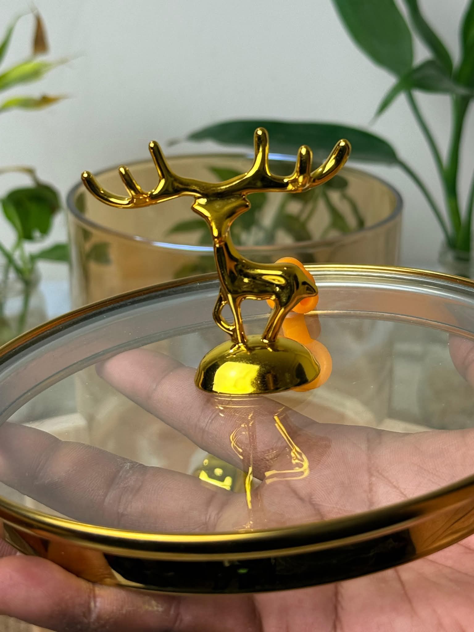 Golden Deer Lid Glass Drink Dispenser with Wooden Stand (3.5 Liters)