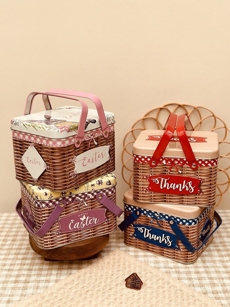 Metal Cookie Tin with Lid Imitation Rattan Cookie Box - Image 5