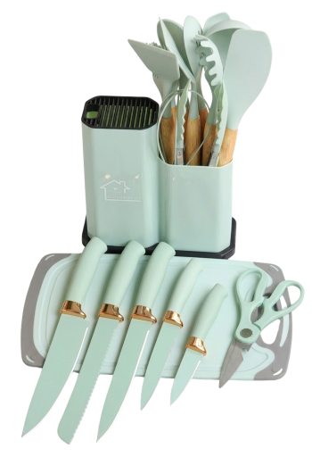 19-Piece Silicone Kitchen Utensils & Stainless Steel Knife Set with Cutting Board